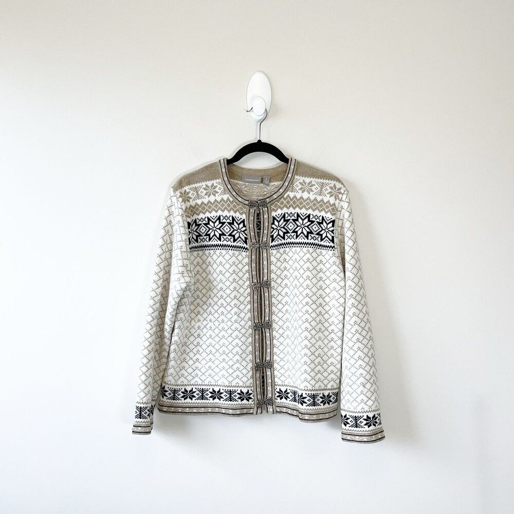 Croft & Barrow Fair Isle Nordic Cardigan Sweater Silver Clasps Chenille Small